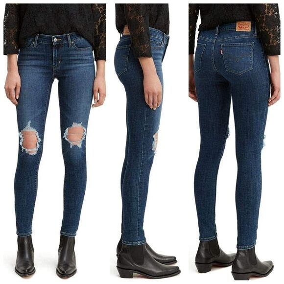 NWTLevi's 711 Blue Distressed Denim Skinny Jeans, 6 Short, 28x28